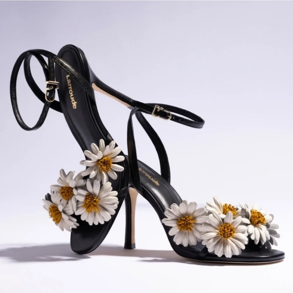 LARROUDÉ Fiore Daisy Appliqués Ankle Strap Sandals Stilletto Heel